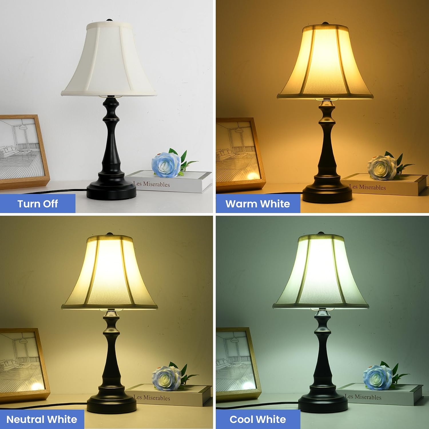 Traditional Table Lamp, Vintage Desk Lamp for Living Room with Fabric Shade, Farmhouse Bedside Lamp Black Finish for Bedroom Nightstand…
