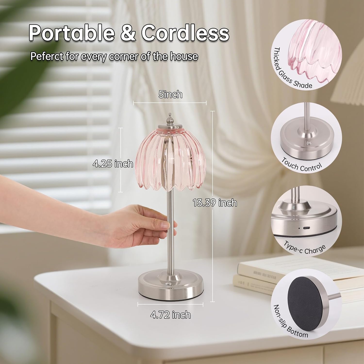 Shenmoyl Tulip Table Lamp with 5200mAh Battery & Touch Control, Cordless Small Table Lamp with 3 Colors, Dimmable Rechargeable Table…