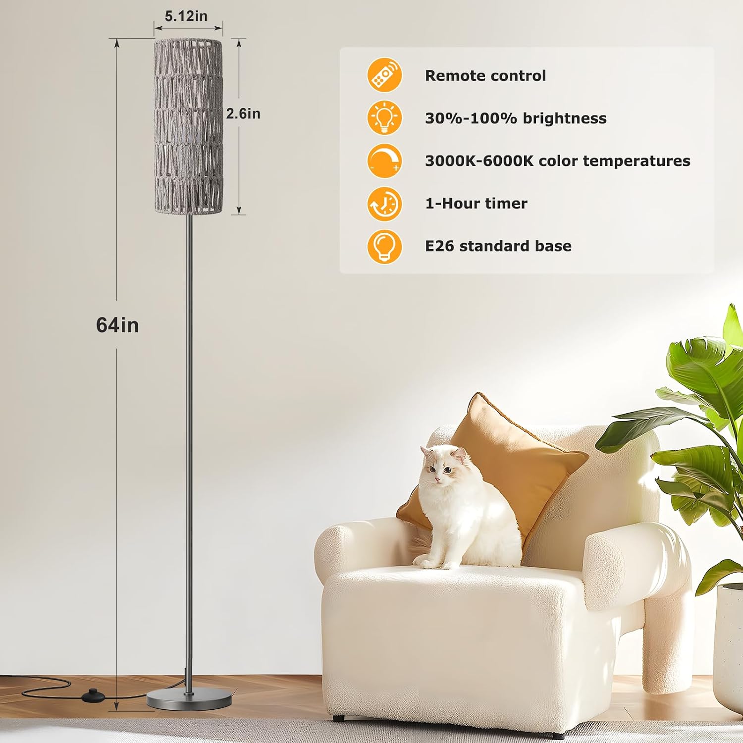 Ambimall 64'' Floor Lamps for Living Room with Remote Control and Stepless Dimmable Colors Temperature & Brightness, Boho Grey Standing…