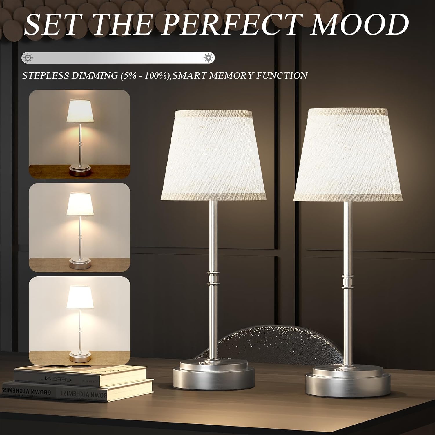 Cordless Table Lamp Rechargeable Silver - 1 Pack 7500mAH Battery Operated Lamp for Decor, 3000K Stepless Dimming Touch Control Wireless…