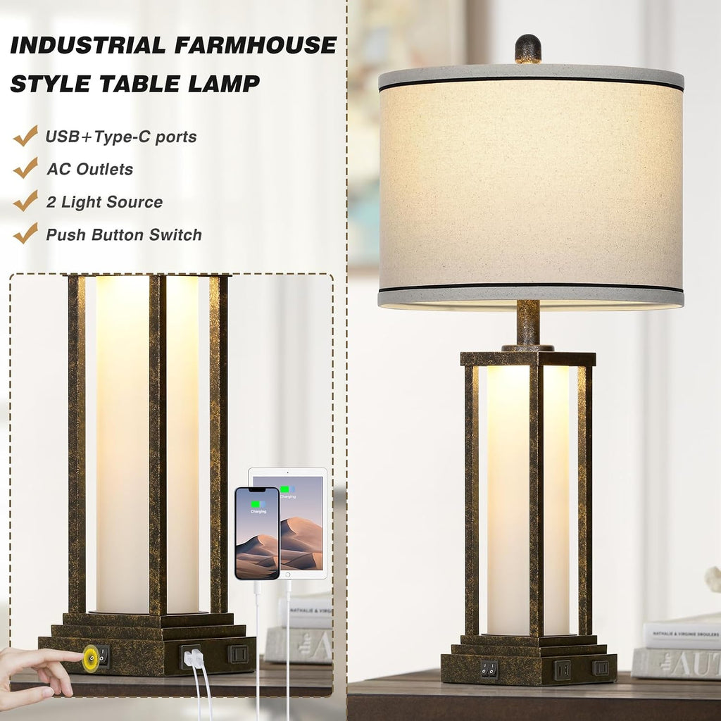 27" Tall Vintage Table Lamp Set of 2 with USB C+A & Outlet, Bronze Industrial End Table Lamp for Living Room, Farmhouse Rustic Bedside…