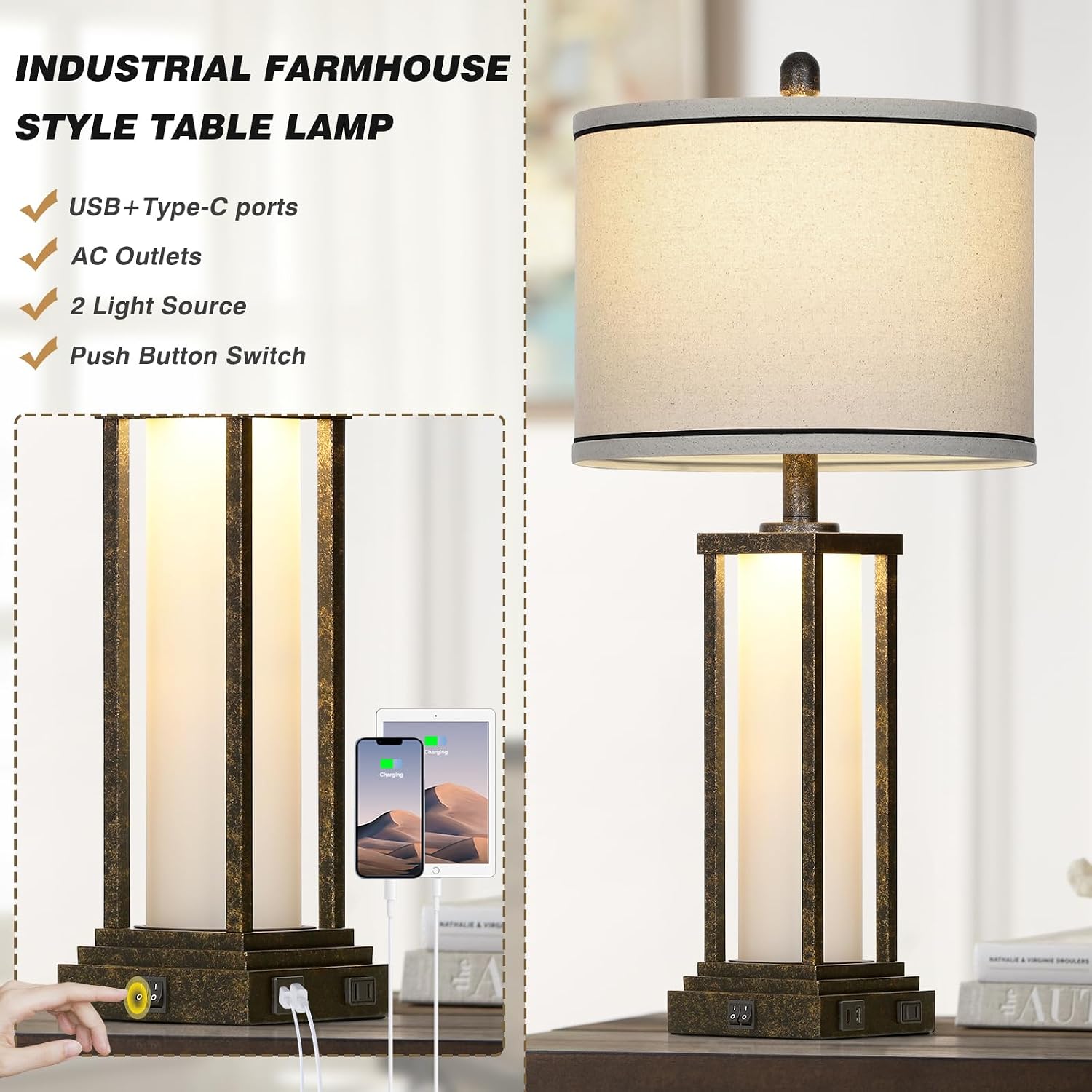 27" Tall Vintage Table Lamp Set of 2 with USB C+A & Outlet, Bronze Industrial End Table Lamp for Living Room, Farmhouse Rustic Bedside…