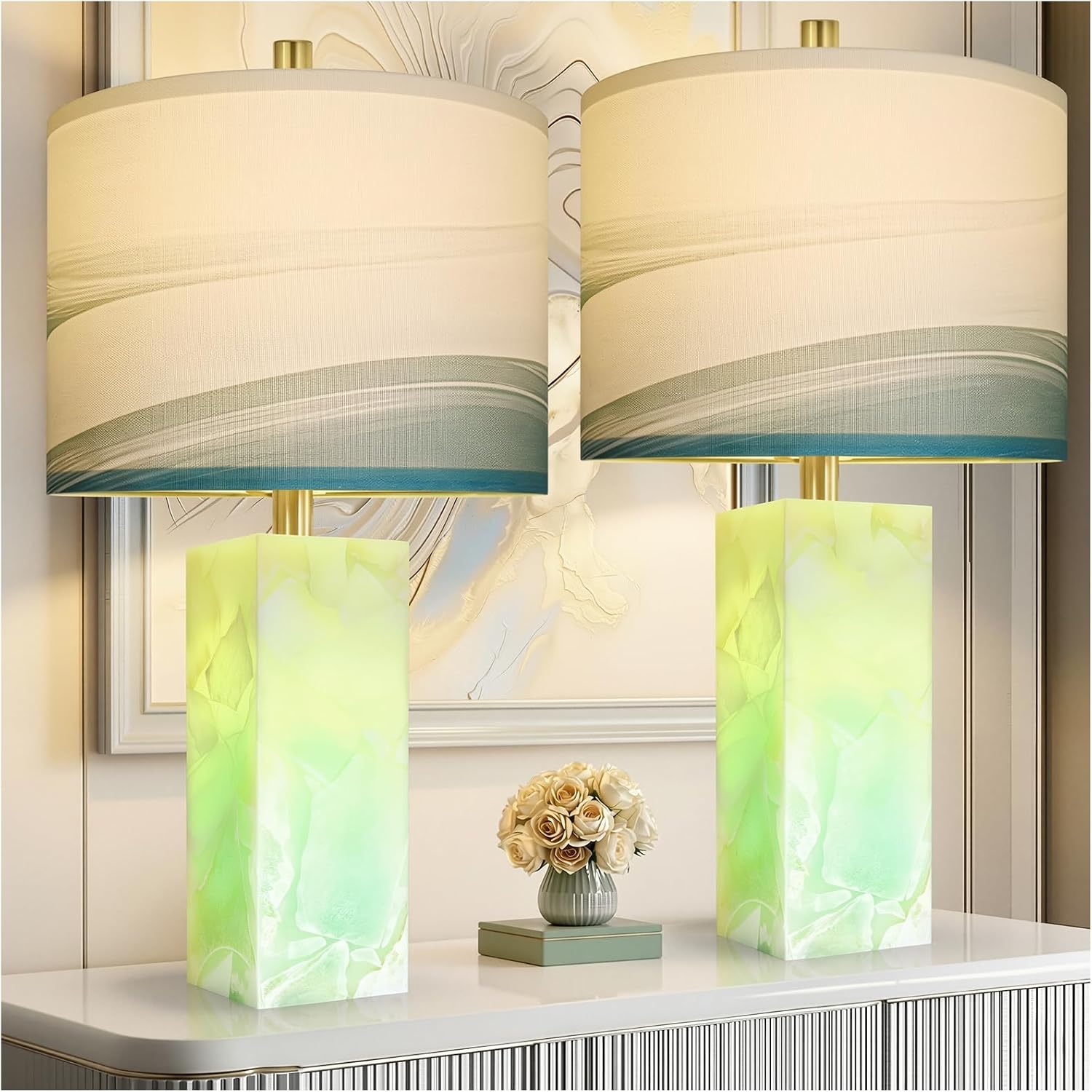 Scenekoy 23" Alabaster Table Lamp Set of 2 with Night Light for Bedroom Living Room, Rotary Switch, Blue Table Lamp with Linen Shade…