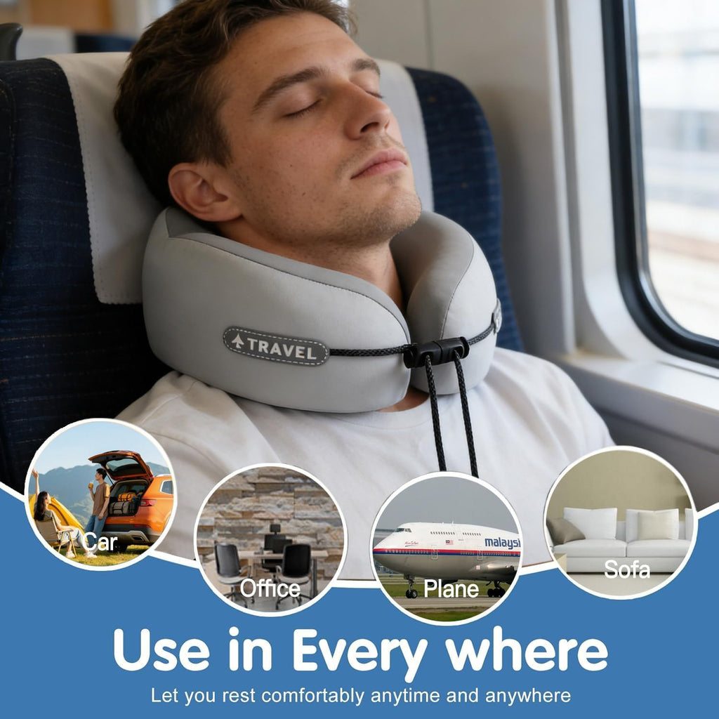 Ziurfys Travel Neck Pillow with Storage Case, 100% Pure Memory Foam, Airplane Head Support for Flight Sleeping, Portable, Gray (Gray…