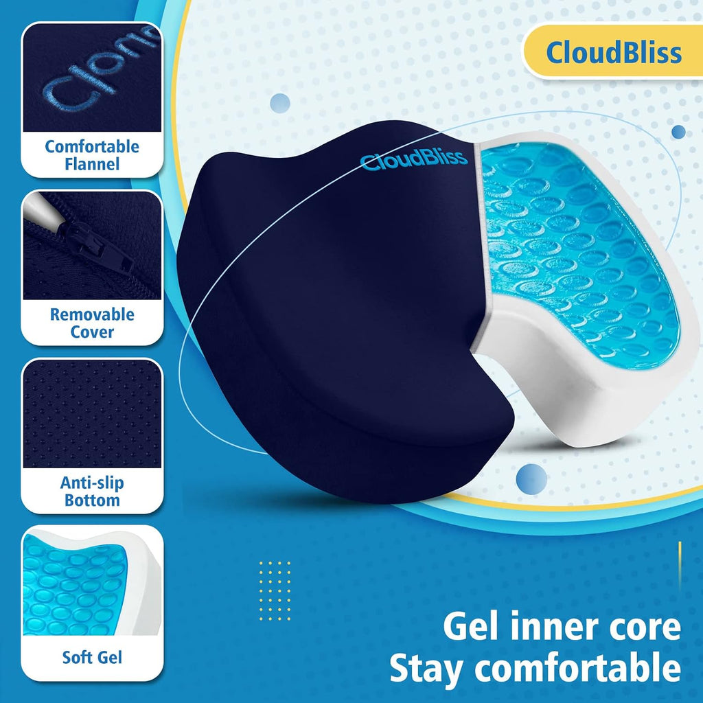 CloudBliss Gel Seat Cushion - Cooling Gel Enhanced, Memory Foam, Ergonomic Seat Cushion for Long Sitting for Office, Game, Car, Airplane…