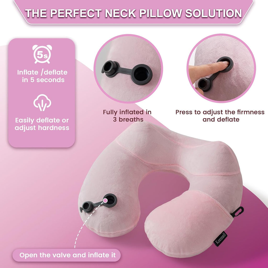 Keemall Inflatable Travel Pillow, Premium Soft Pink Velvet Neck Pillow, Washable Lightweight Portable Travel Essentials for Flight Road…