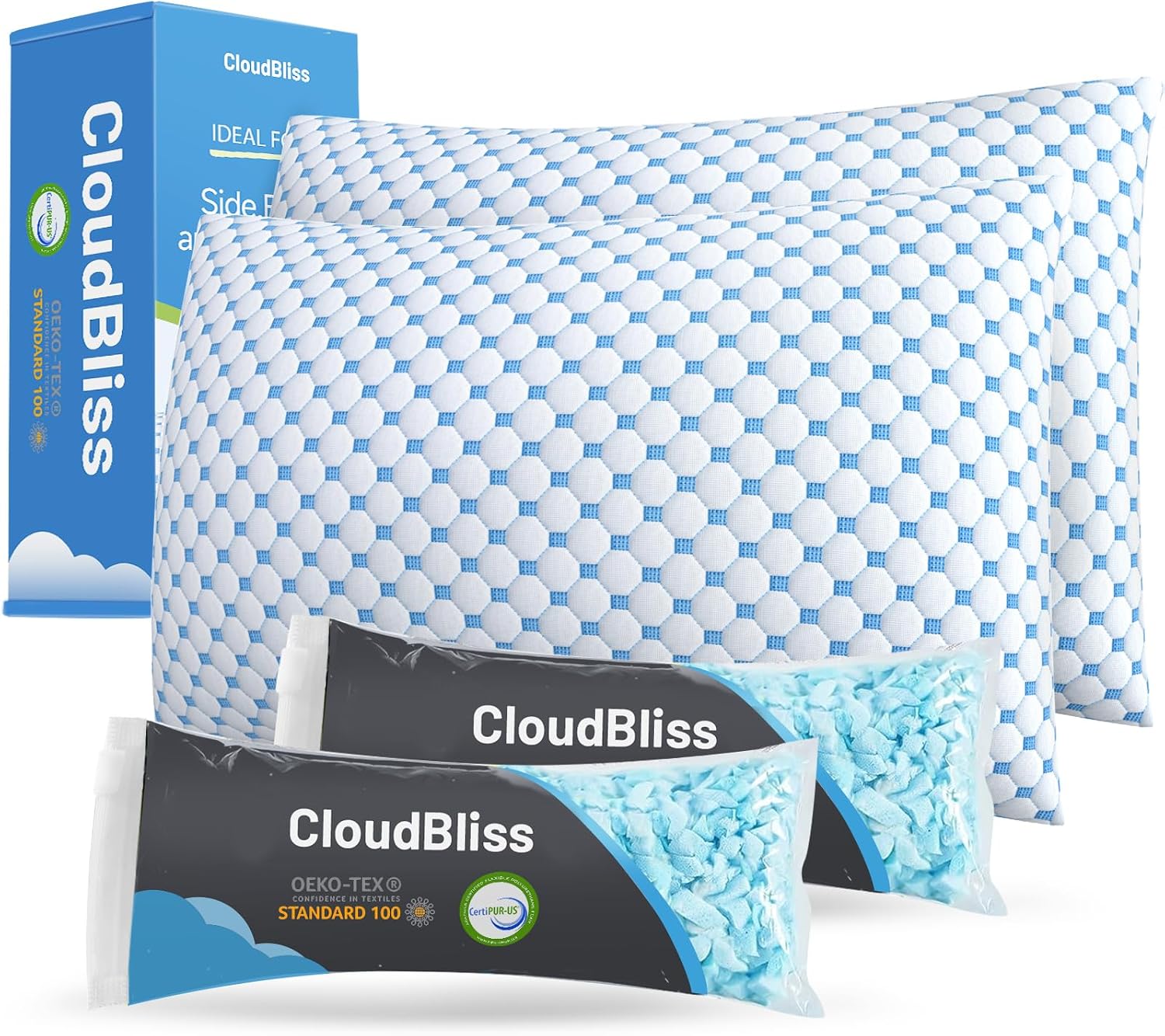 CloudBliss Cooling Bed Set of 2 Pillows for Sleeping, Shredded Memory Foam Pillows with Washable & Breathable Pillowcase, Adjustable Height…