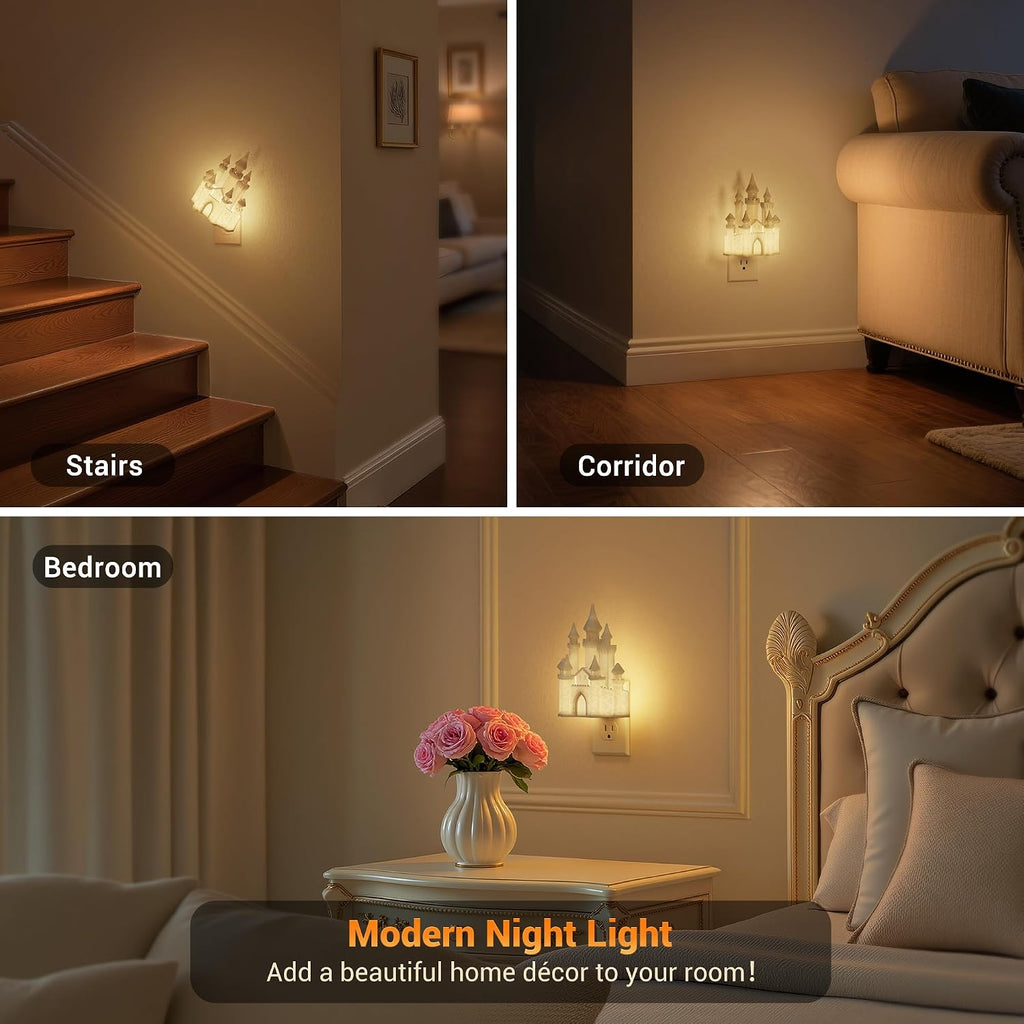 JandCase Night Lights Plug into Wall,3D Printed Castle Night Light,3000K Plug in Nightlight with Dusk to Dawn Sensor,0-100LM Adjustable…