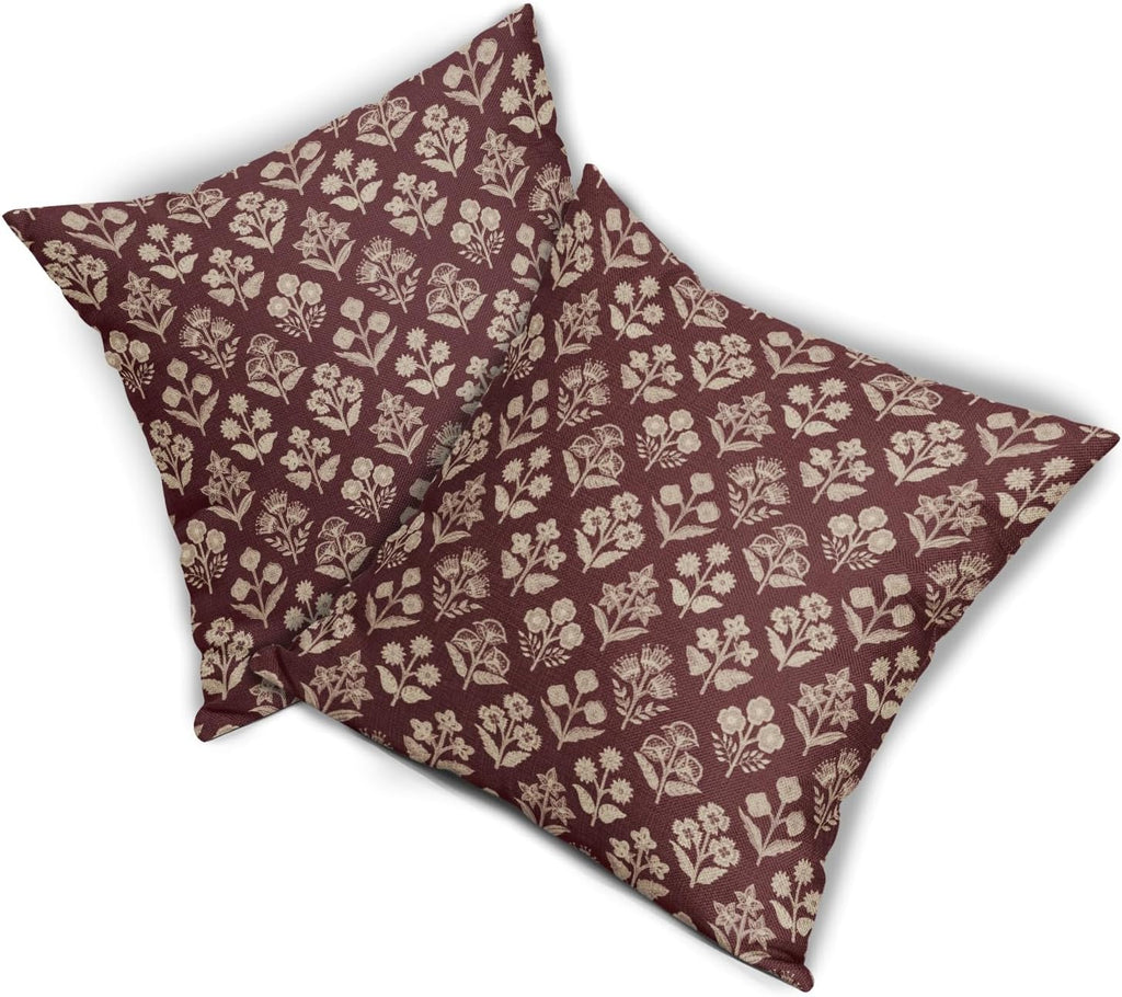 Burgundy Red Floral Block Print Pillow Covers 20x20 Inch Set of 2, Vintage Flower Pattern Decorative Throw Pillowcases Outdoor Farmhouse…