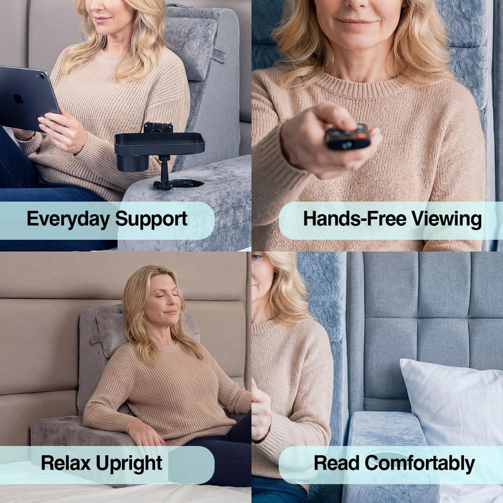 TabCouchCaddy Reading Pillow for Adults – 24” XL Memory Foam Backrest with Detachable Arms, Cup Holder, Phone Caddy & Adjustable Tray Mount…