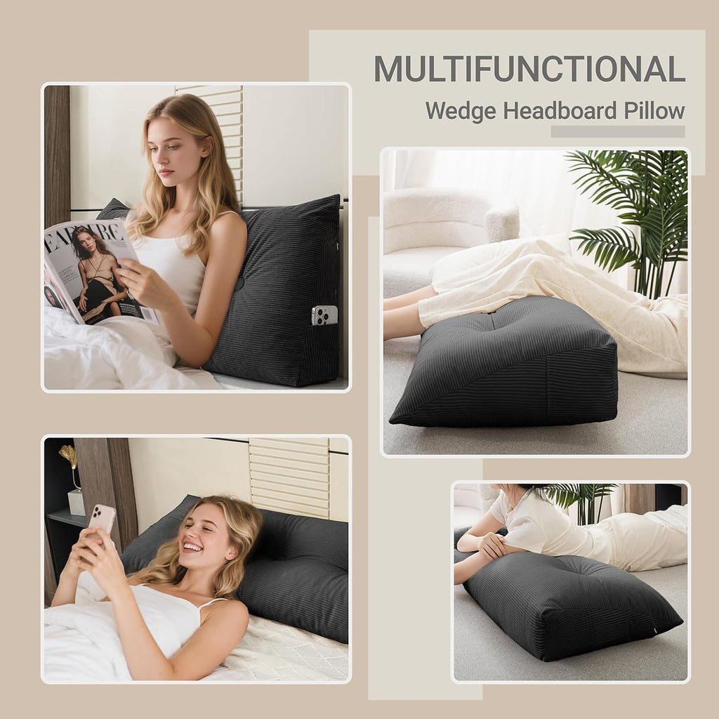 Headboard Pillow Bed Wedge Pillow for Headboard with Side Pockets Dorm Headboard Twin XL Long Back Pillow for Bed Bolster Pillow for…