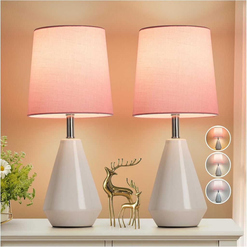 Small Bedside Table Lamp for Bedroom-Reading Desk Lamp Set of 2, with 3 Color Temperatures,15.5" Nightstand Ceramic Lamp with Fabric Shade…