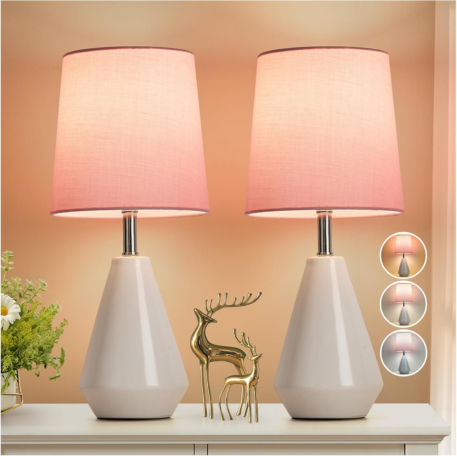 Small Bedside Table Lamp for Bedroom-Reading Desk Lamp Set of 2, with 3 Color Temperatures,15.5" Nightstand Ceramic Lamp with Fabric Shade…