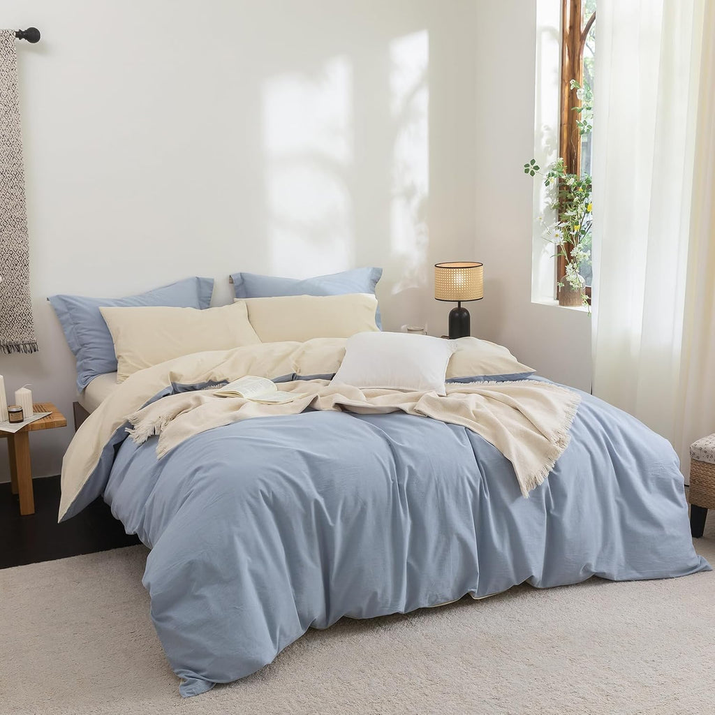Bdear 3 Pieces Reversible Duvet Cover Set Oversized Queen Size 98x98 inch,100% Washed Cotton Duvet Cover Plus 2 Pillowcases, Double Sided w…