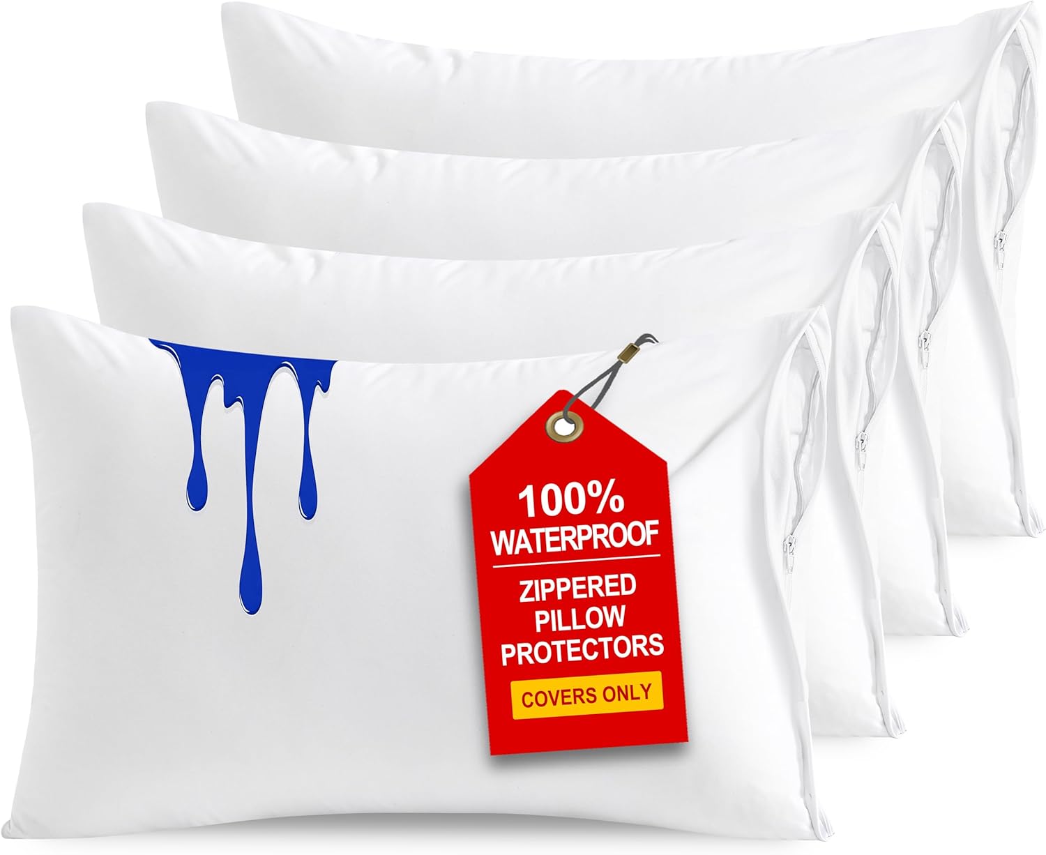 Ntbay 4 Pack Zippered Waterproof Standard Pillow Protectors, Super Soft Quiet Zip Pillow Protectors, 20x26 Inches Jersey Pure White Waterpr…
