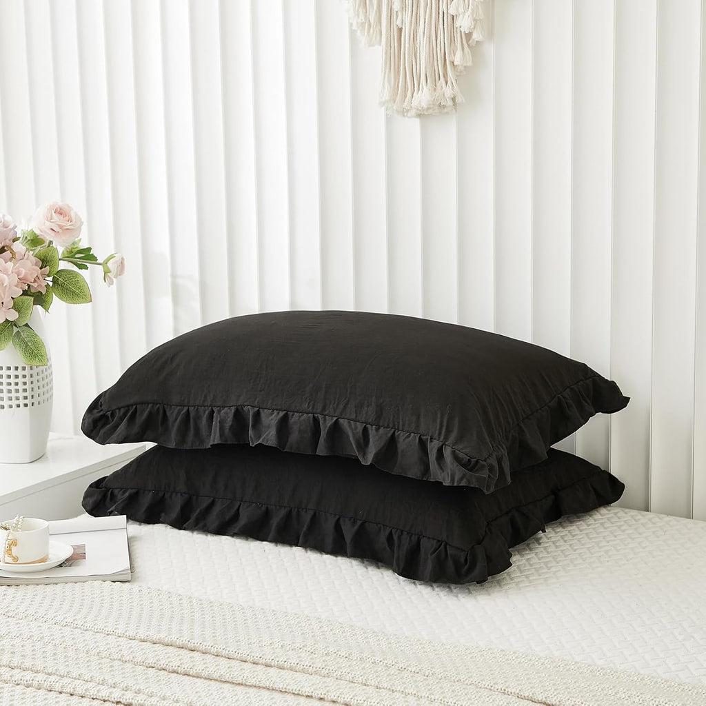 Merryword Black Pillow Shams Standard Pillowcases 20x26inch Black Ruffle Cute Pillow Cover Set of 2 Shabby Chic Soft Microfiber Pillowcases…