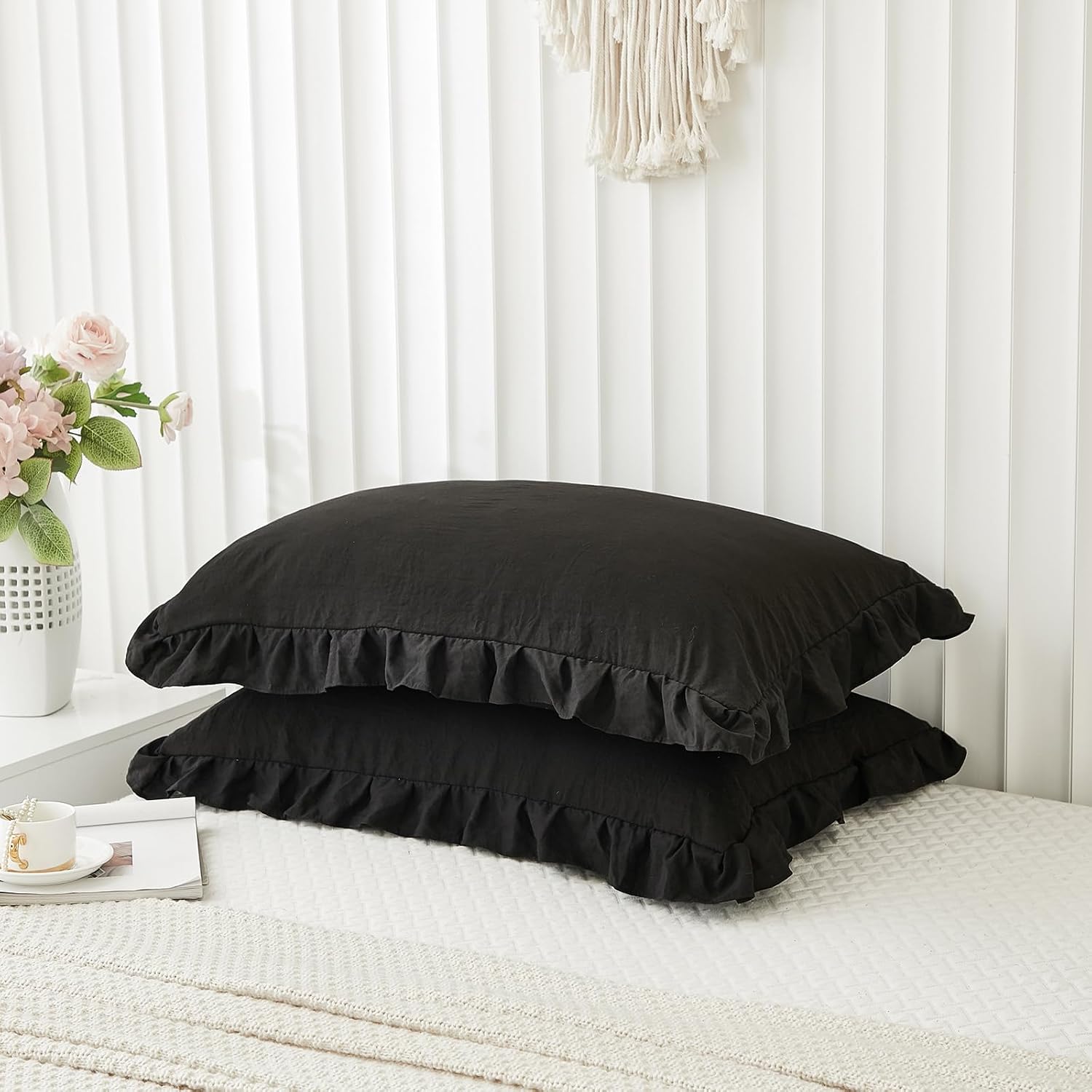 Merryword Black Pillow Shams Standard Pillowcases 20x26inch Black Ruffle Cute Pillow Cover Set of 2 Shabby Chic Soft Microfiber Pillowcases…