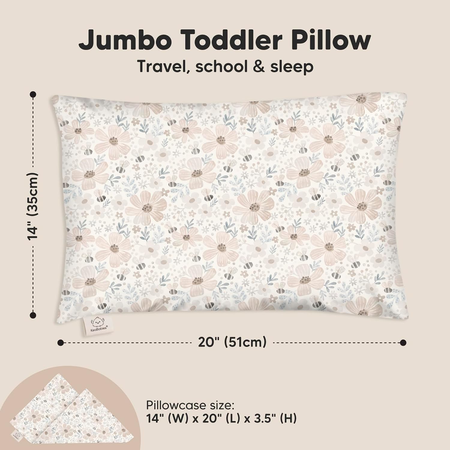 KeaBabies Toddler Pillow with Pillowcase, Jumbo 14X20 - Soft Organic Cotton Toddler Pillows for Sleeping - Machine Washable - Perfect for…