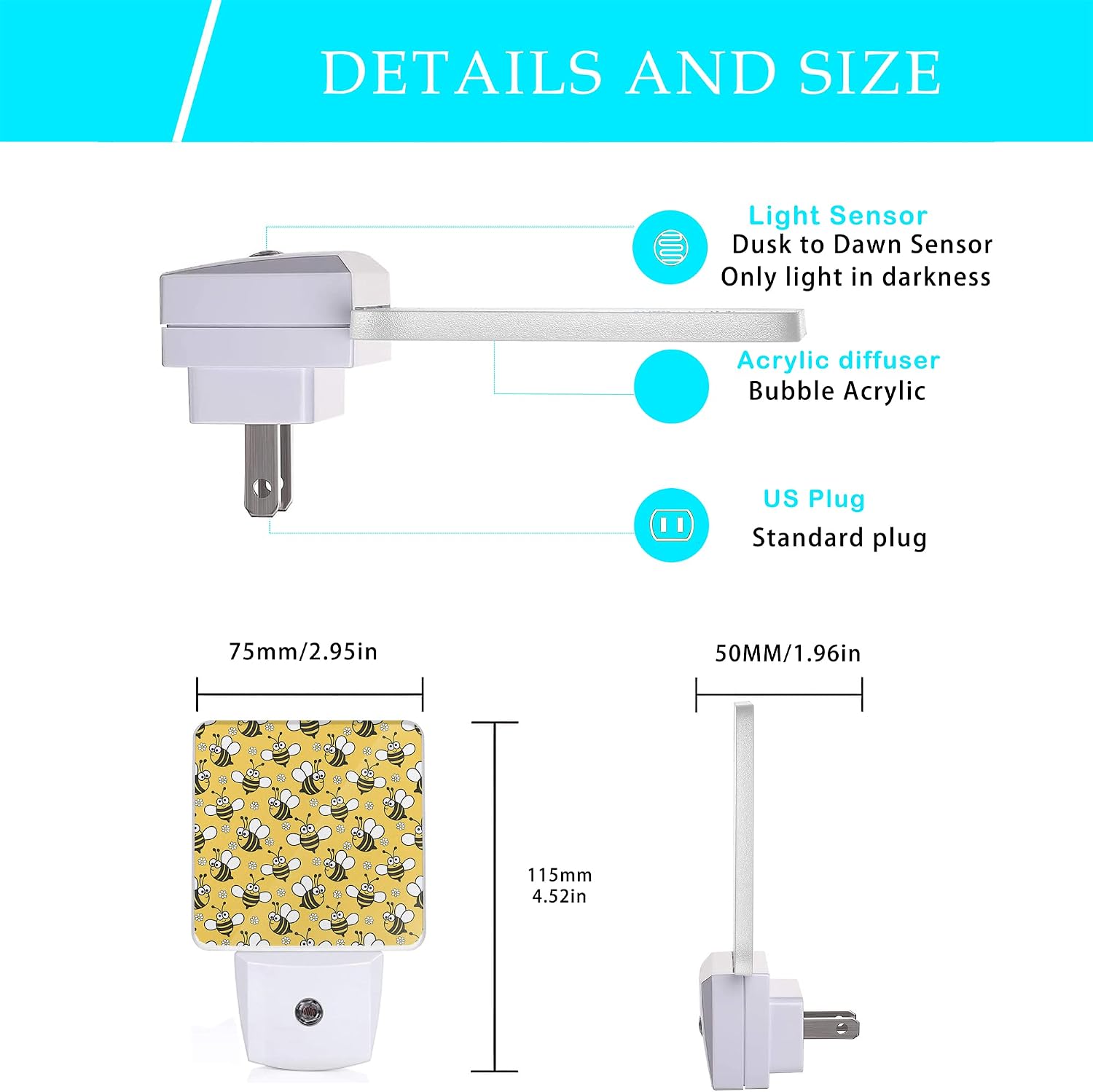 Bee Night Light, Cute Cartoon Bees Plug-in Night Lights with Dusk-to-Dawn Sensor for Bedroom, Bathroom and Living Room Sleep Friendly lamp…