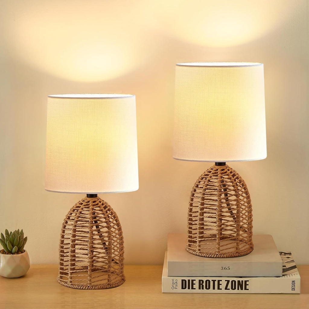 EJIAXIN Rattan Lamp Boho Lamps Set of 2-13.75" Mini Farmhouse Table Lamp Rustic End Table Decorative Small Lamps for Small Spaces Bedroom…