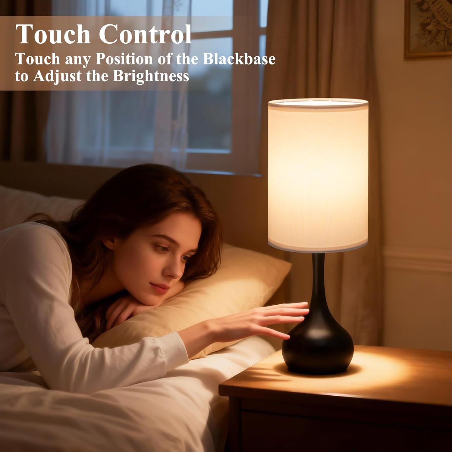 ONEWISH Touch Bedside Lamp for Bedroom, 3-Way Dimmable Table Lamps for Nightstand, White Fabric Shade Desk Lamp for Kids Reading, Living…