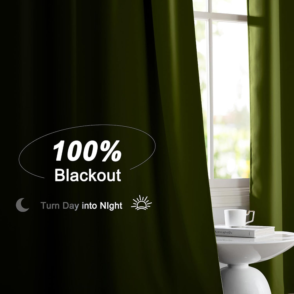 Nicetown 2 Panels 100% Blackout Curtains, Olive Green 52x84 Inches Black Lined Insulated Window Treatment, Total Light Blocking Rod Pocket…