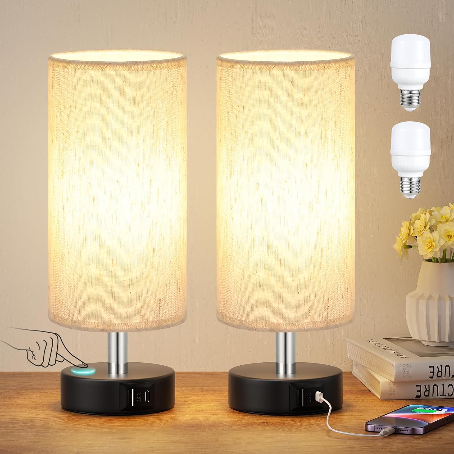 PartageiZ Small Touch Lamps Set of 2 - Table Lamps for Nightstand, Minimalist Bedside Lamps for Bedroom with 3000K Dimmable Bulbs