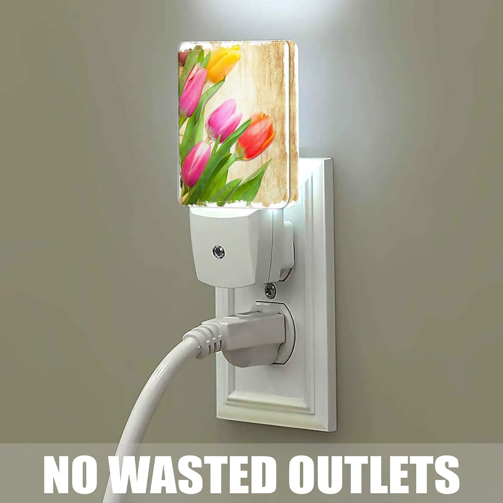 Vintage Tulips Night Light Plug in Wall Lamp Smart Dusk to Dawn Sensor for Home Decorative, Kids Room Bedroom Bathroom Kitchen Hallway Gifts