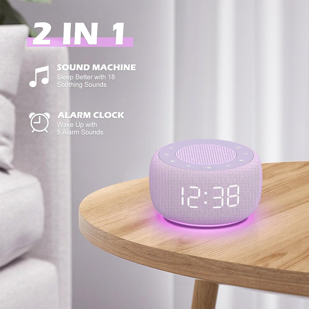 Buffbee Sound Machine & Alarm Clock 2-in-1, 0-100% Clock Face Brightness, Bottom Colored Light, Sleep Timer, Precise 30-Level Volume…