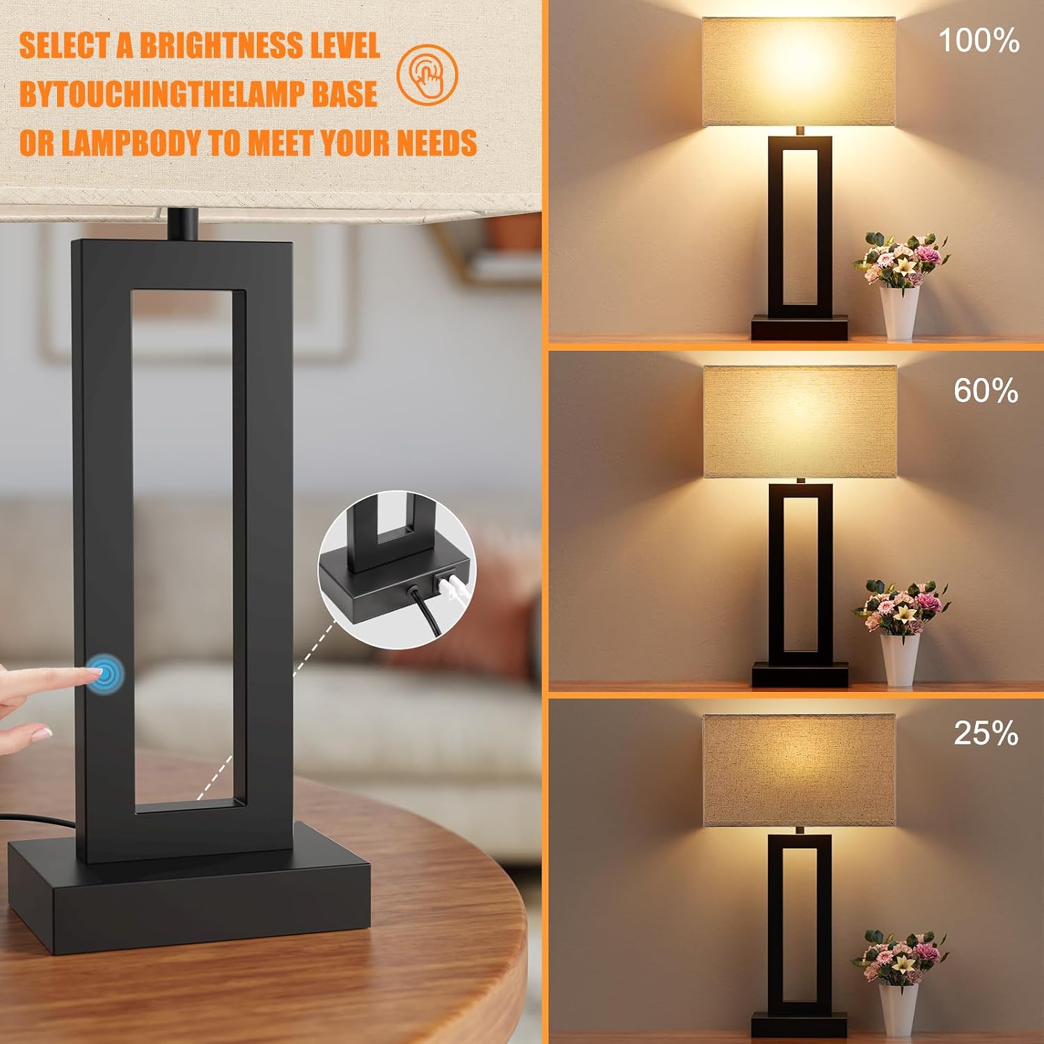 Seealle 22" Tall Living Room Lamps for Night Stands - Touch Bedside Lamp with USB C+A, 3 Way Dimmable Bedroom Lamps for End Tables Set of…