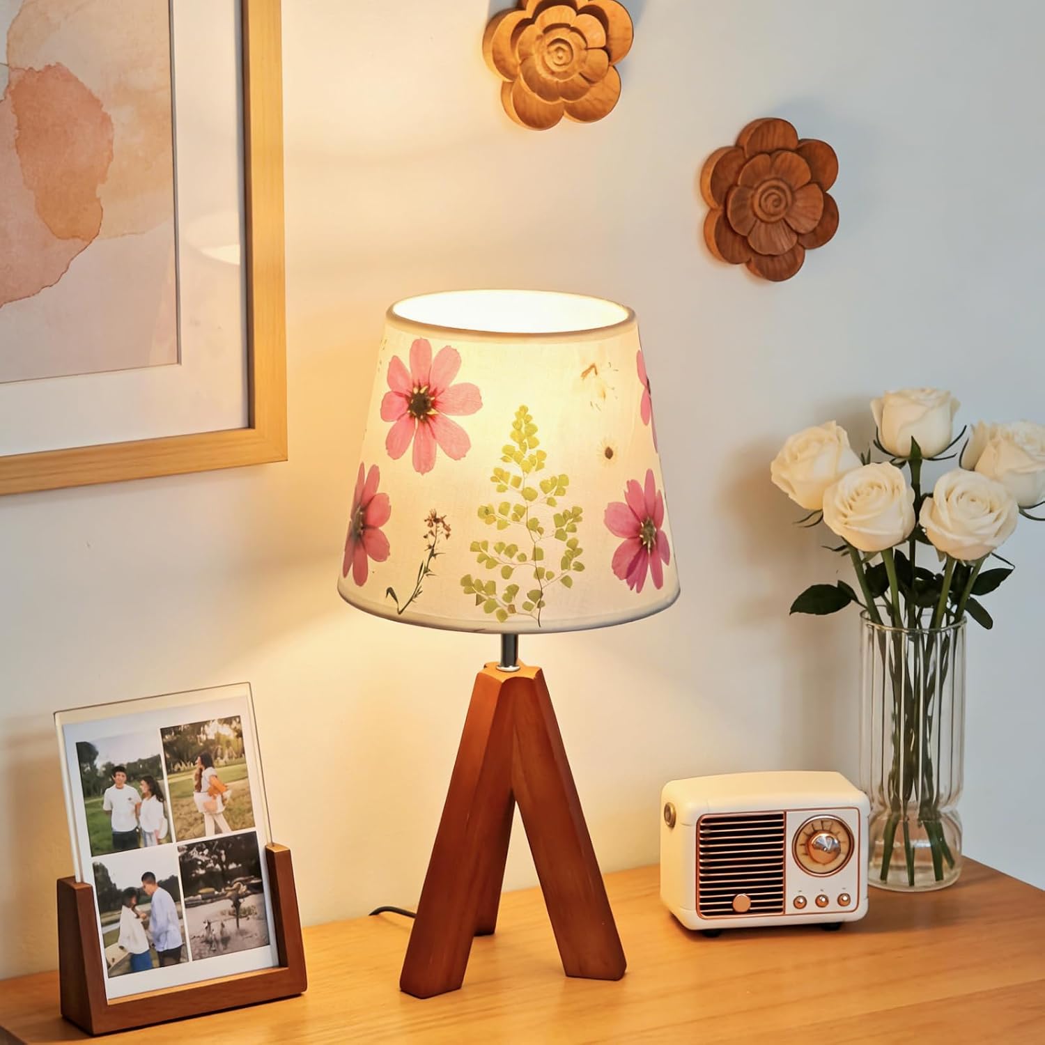 Dried Flowers Tripod Table Lamp 14.17in, 9W LED Dimmable Cute Bedside Lamp with Flowers Linen Lampshade for Nursery, Bedroom, Kid Room…