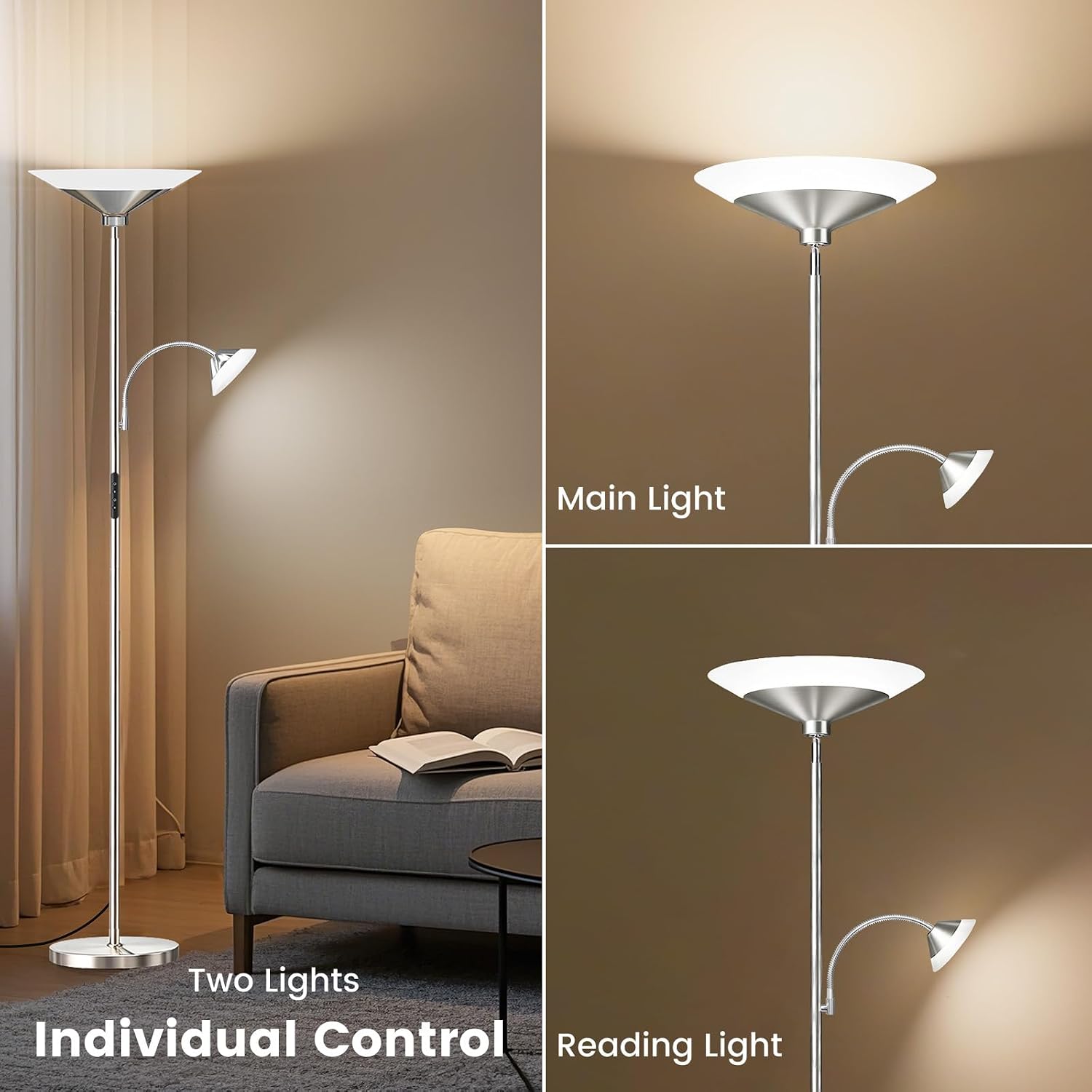 SIBRILLE Metallic Sliver Torchiere Floor Lamp, 2 Way 72'' Dimmable LED Standing lamp with Rmote, Multi Color Temps, 34W Tall Light with…
