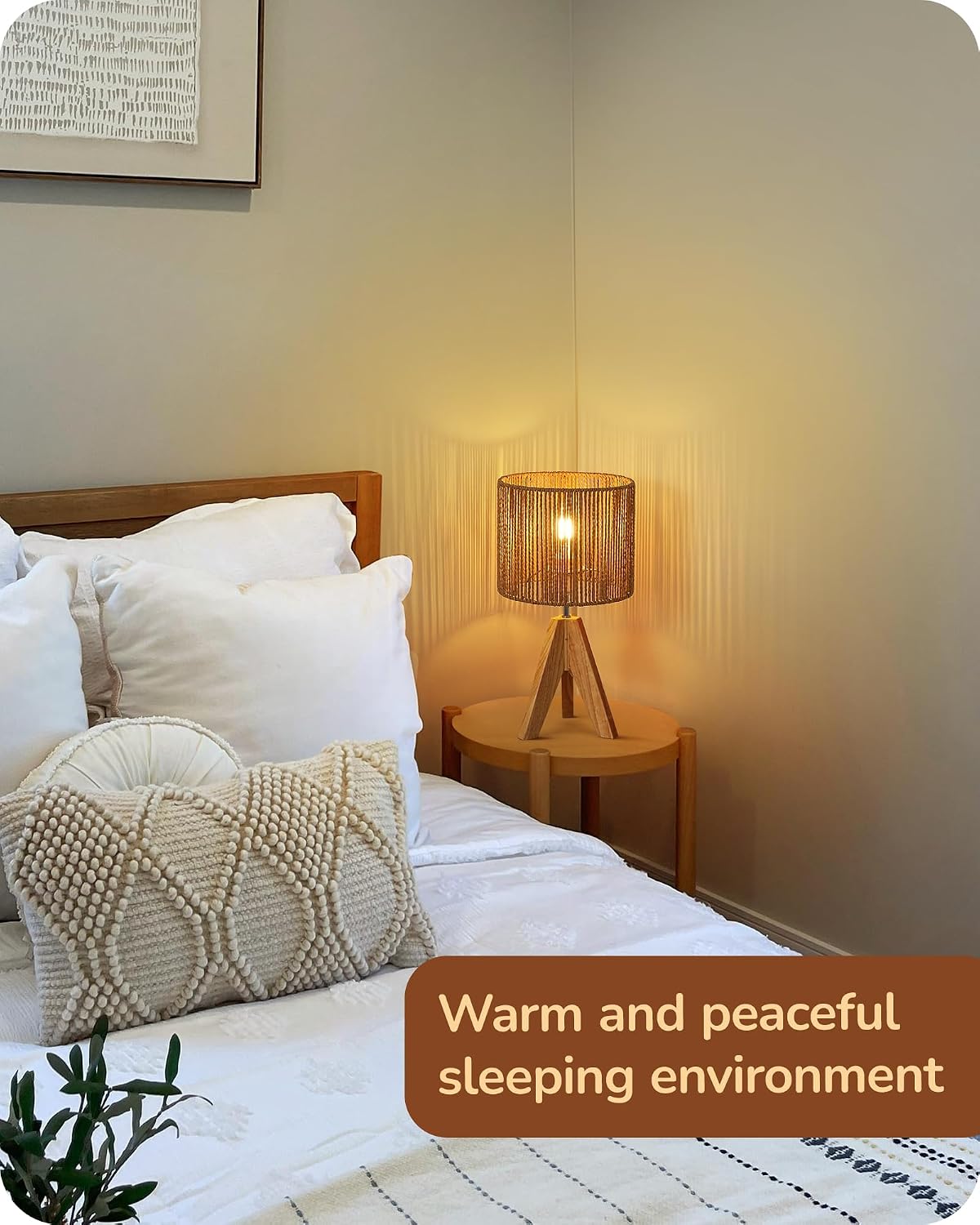 EDISHINE Small Rattan Table Lamp, Wood Tripod Bedside Lamp, Boho Nightstand Lamp for Living Room, End Table, Office, E26 Base, Natural Style