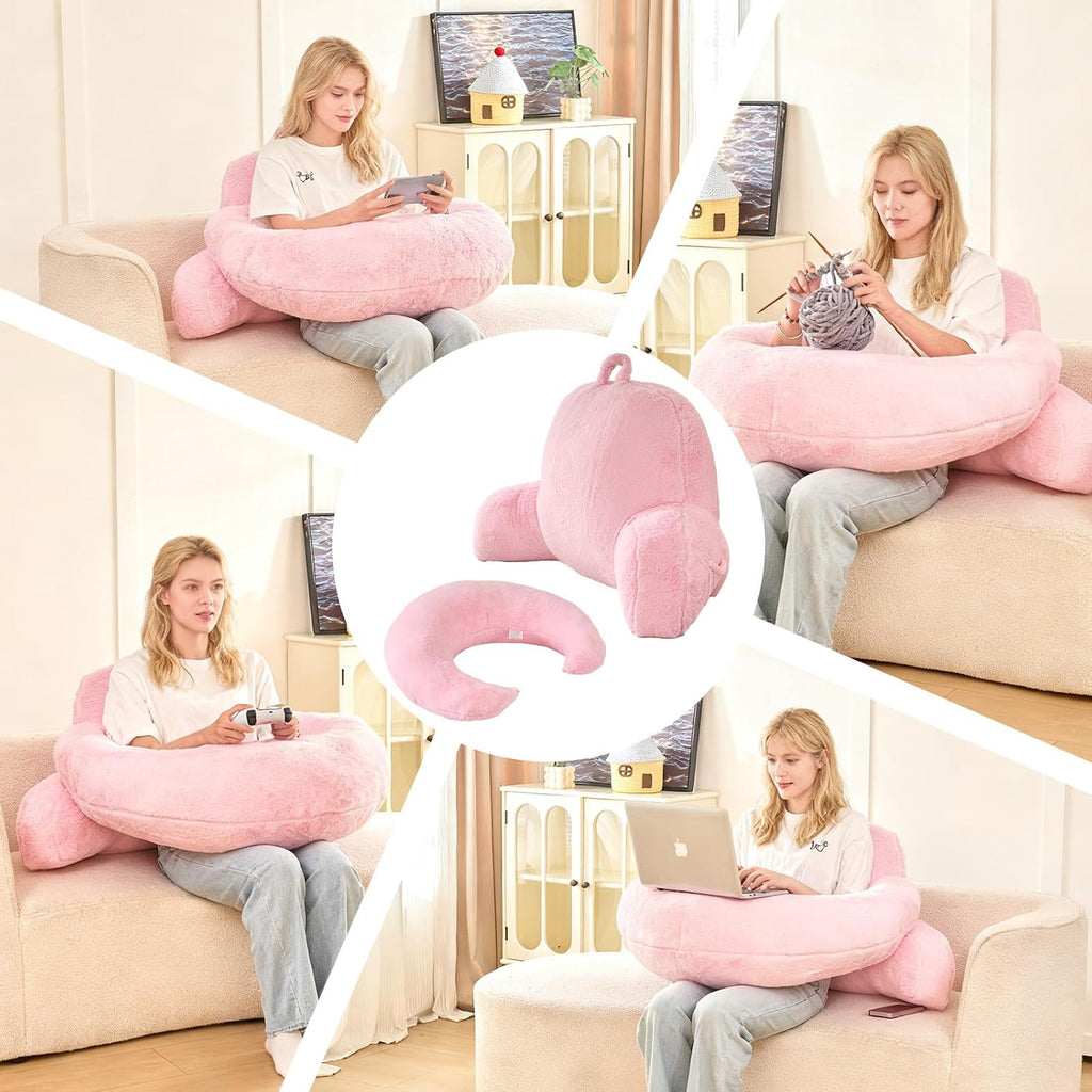 19" Faux Fur Reading Pillow for Bed, U Shaped Support Cushion with Lumbar & Arms, Luxurious Soft Backrest for Gaming, Lounging, Watching…