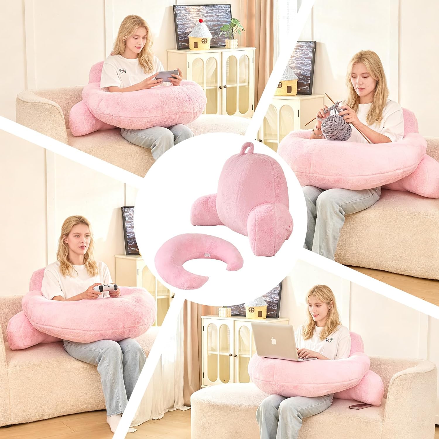 19" Faux Fur Reading Pillow for Bed, U Shaped Support Cushion with Lumbar & Arms, Luxurious Soft Backrest for Gaming, Lounging, Watching…