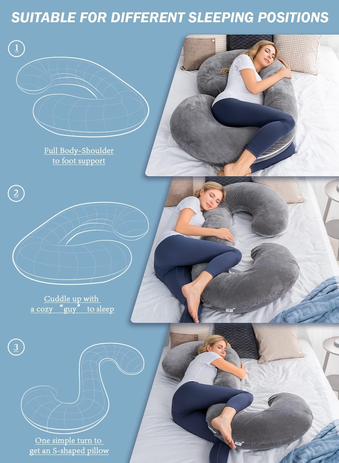 INSEN Pregnancy Pillow for Sleeping, Maternity Pillow with Jersey Cotton Cover, C Shaped Body Pillow for Pregnant (Gray)