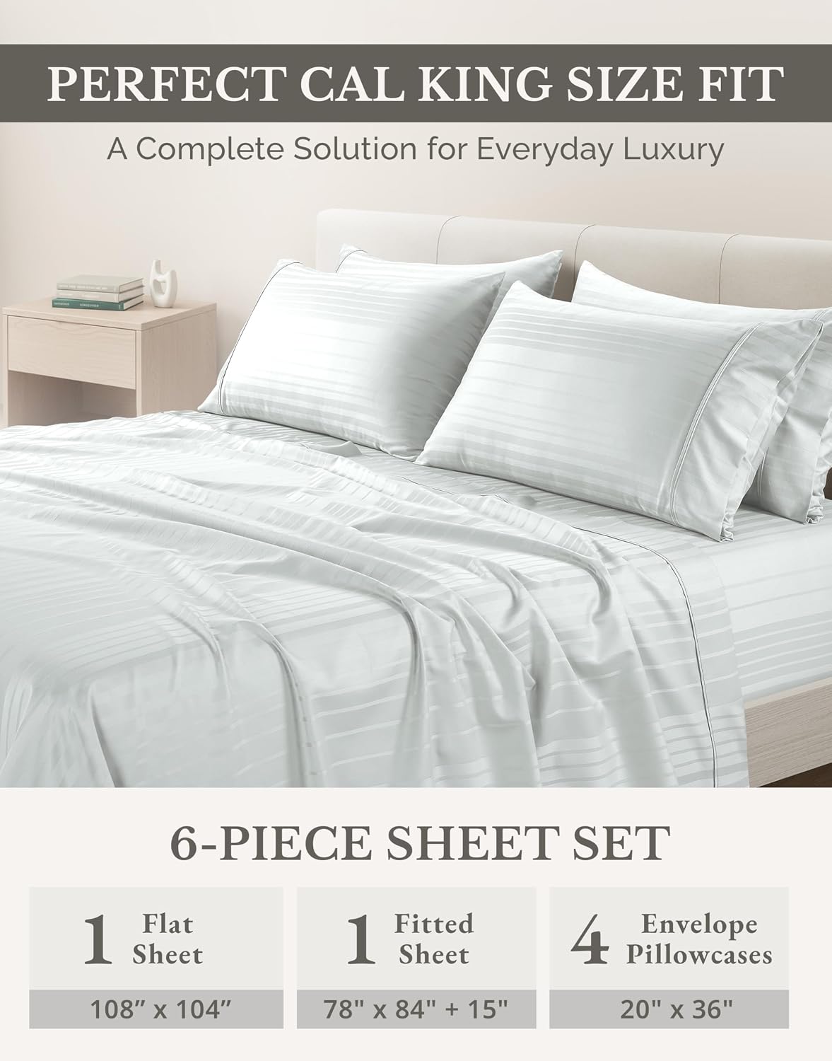 Casa Platino 100% Cotton Sheets California King Size Set - 6 Pcs (1 Flat, 1 Fitted, 4 Pillowcases) - Striped 500 TC - Smooth & Silky…