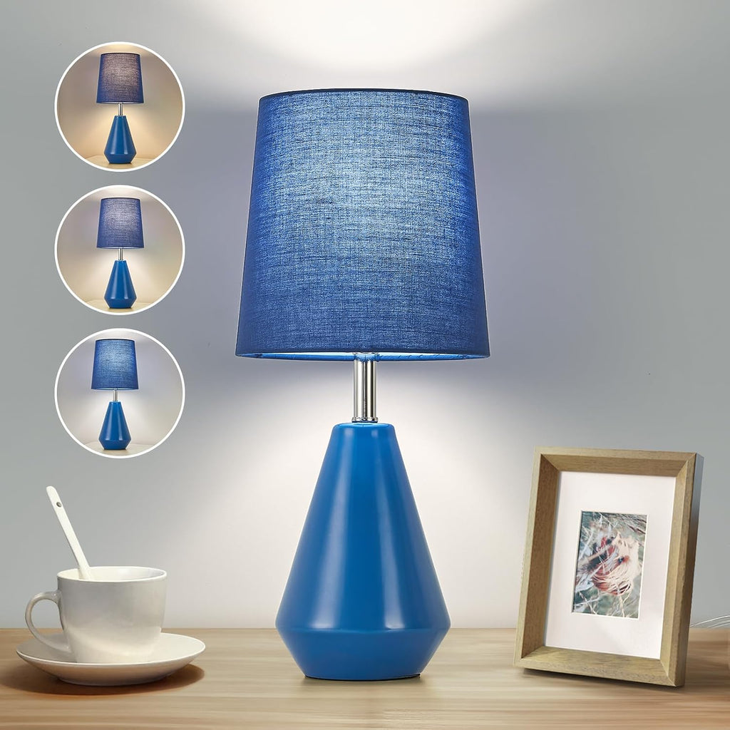 Small Bedside Table Lamp for Bedroom - Reading Desk Lamp with 3 Color Temperatures,15.5" Nightstand Ceramic Lamp with Fabric Shade for…