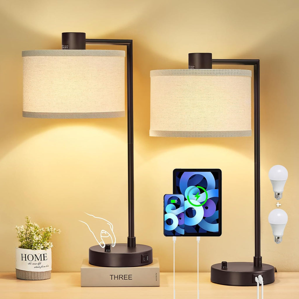 Luvkczc Table Lamp for Bedroom Set of 2 with USB C+A Ports - Fully Stepless Dimmable Bedside Lamp with Linen Lampshade - Contemporary…
