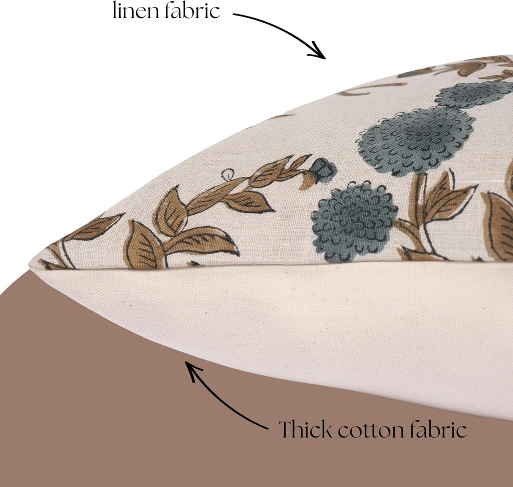 LineandLoop Linen Blue Throw Pillow Covers 18x18 inch Floral Pillows Spring Decorative Pillow Covers for Living Room Bedroom 2 inches cotto…