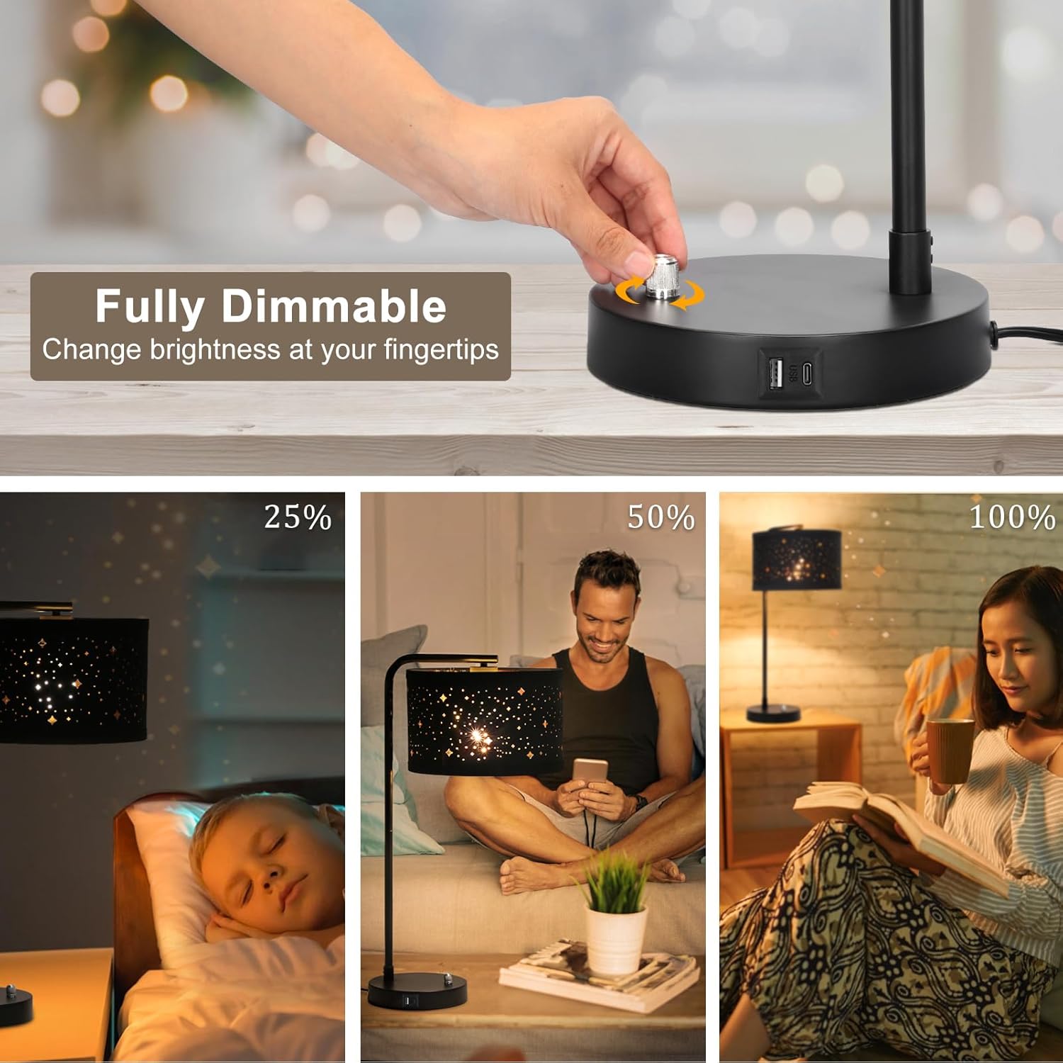 Bedside Table Lamp with USB C+A Ports, Fully Dimmable Modern Nightstand Side Lamps with Stars Shade, Tall Desk Reading Lamps for Living…