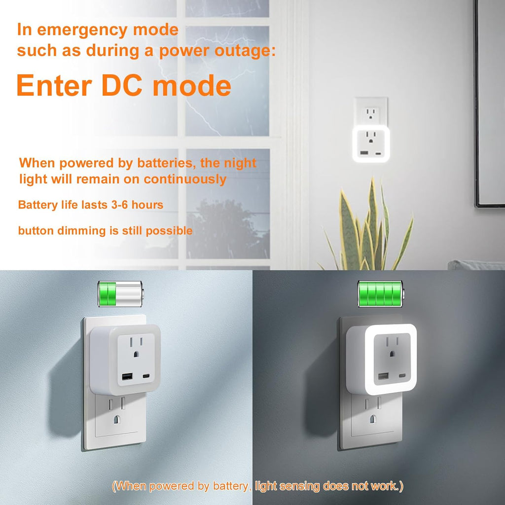 Night Lights Plug Into Wall 2 Pack Rechargeable Battery Backup Light Dusk to Dawn Sensor Night Light with Outlet Expander for Adults Kids…