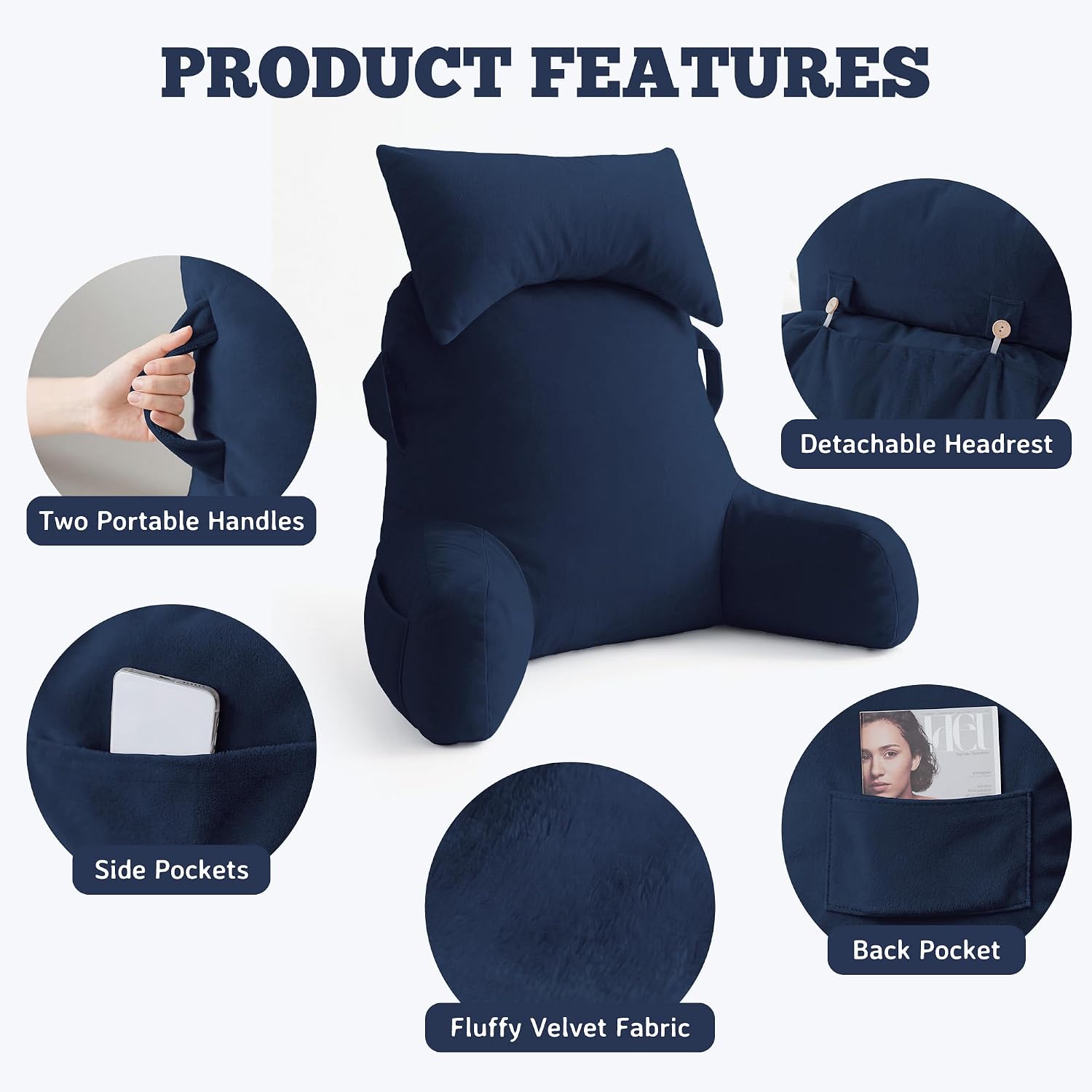 Unisakey Portable Reading Pillows with Headrest for Bed Sitting Up(Royal Blue Oeko-Tex), Velvet Back Pillow with Arms & Pockets for…