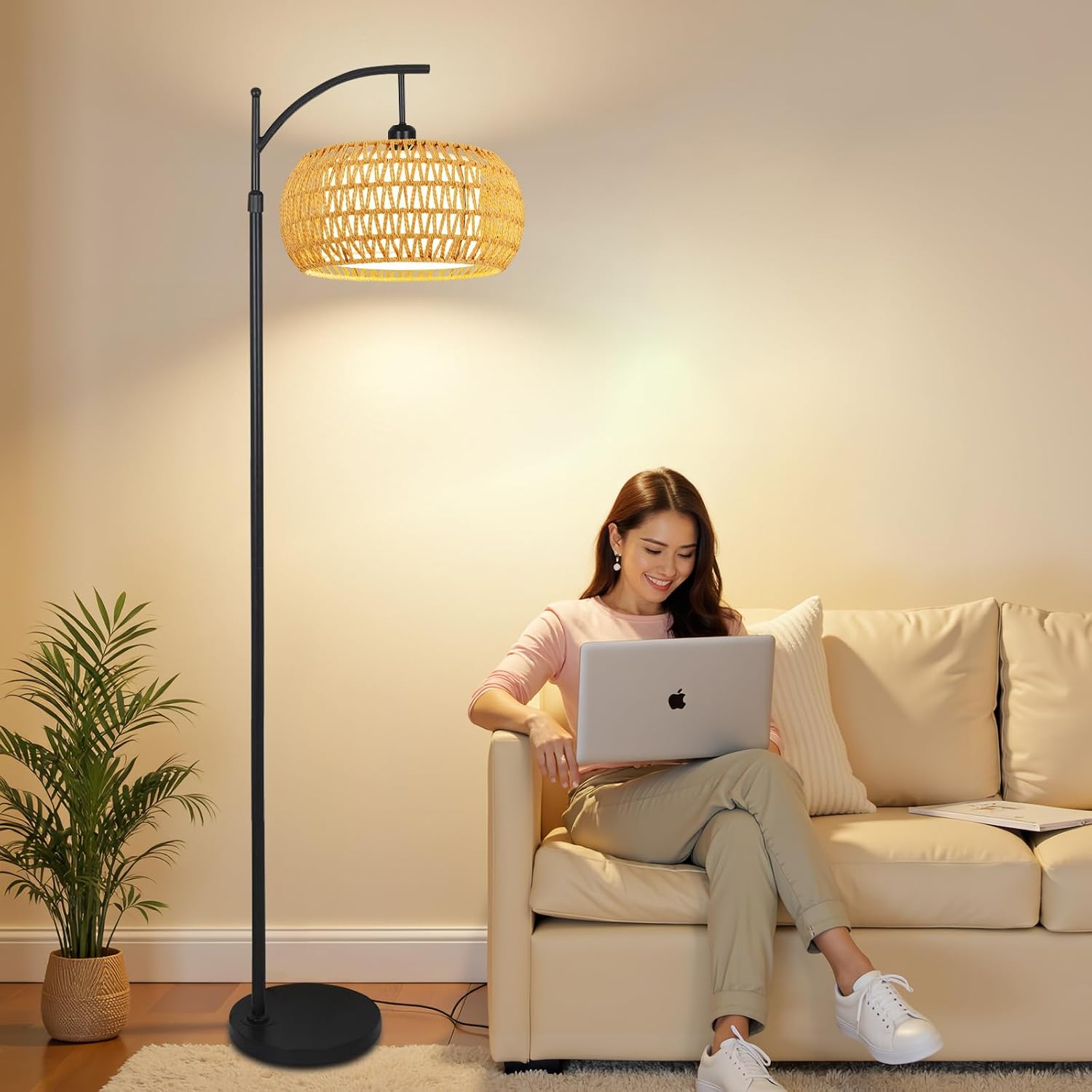 Arc Floor Lamps for Living Room Rattan Boho Floor Lamp with Remote Control, Dimmable LED Floor Lamp Wicker Lamp Shades Black Standing Lamp…