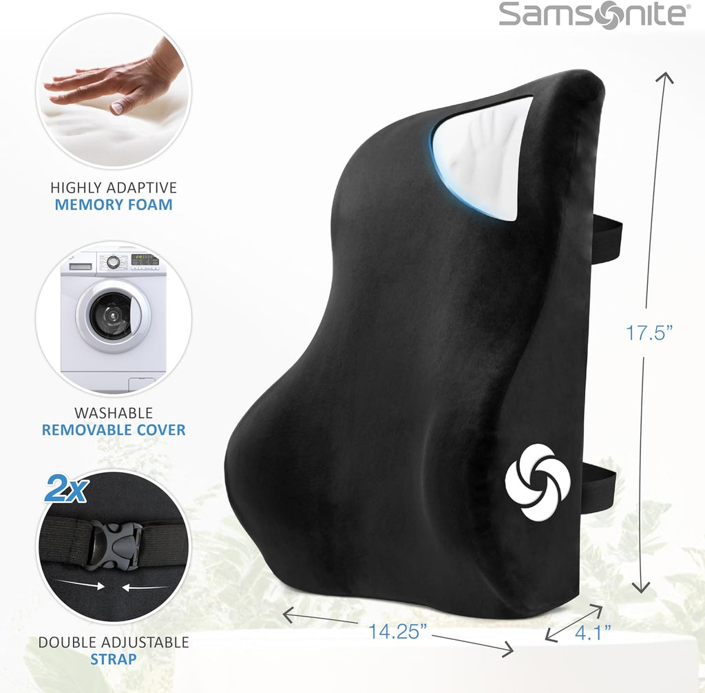 Samsonite Memory Foam Lumbar Support Pillow, Ergonomic Back Cushion for Office Chair, Gaming Chair, Automotive Full Back Support, Home…