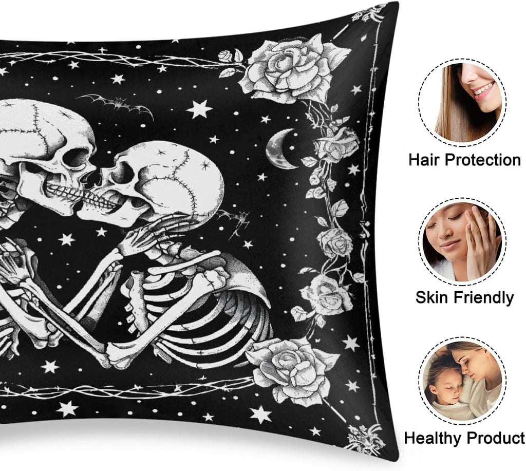 Satin Pillowcase for Hair and Skin Black Halloween Skull Couple Soft Silk Pillow Case with Envelope Closure Cooling Pillow Cases Slip…