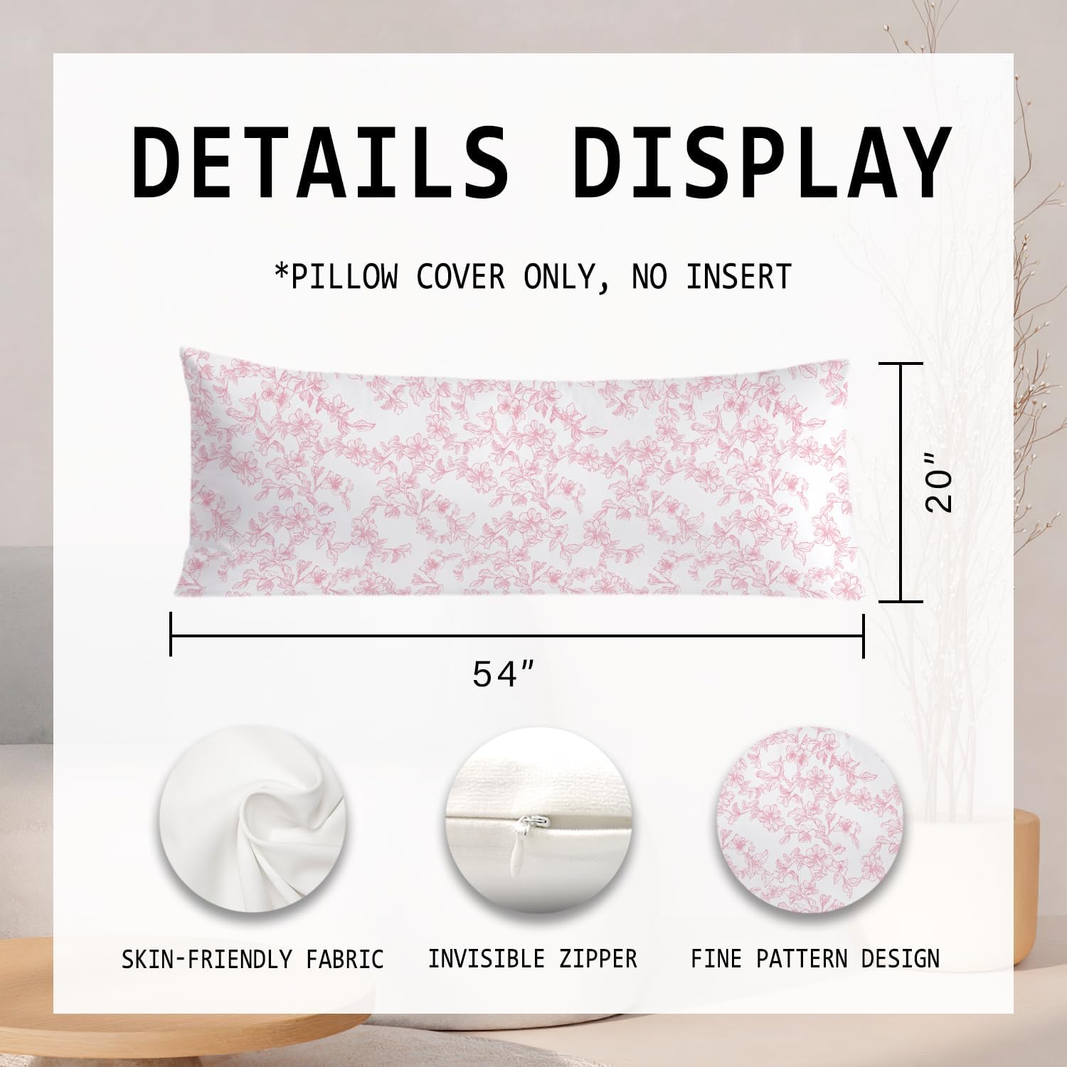 Pink and White Floral 20x54 Body Pillow Cover, Cottagecore Room Decor, Farmhouse Decor, Vintage Chinoiserie Flower Decorative Long Body…