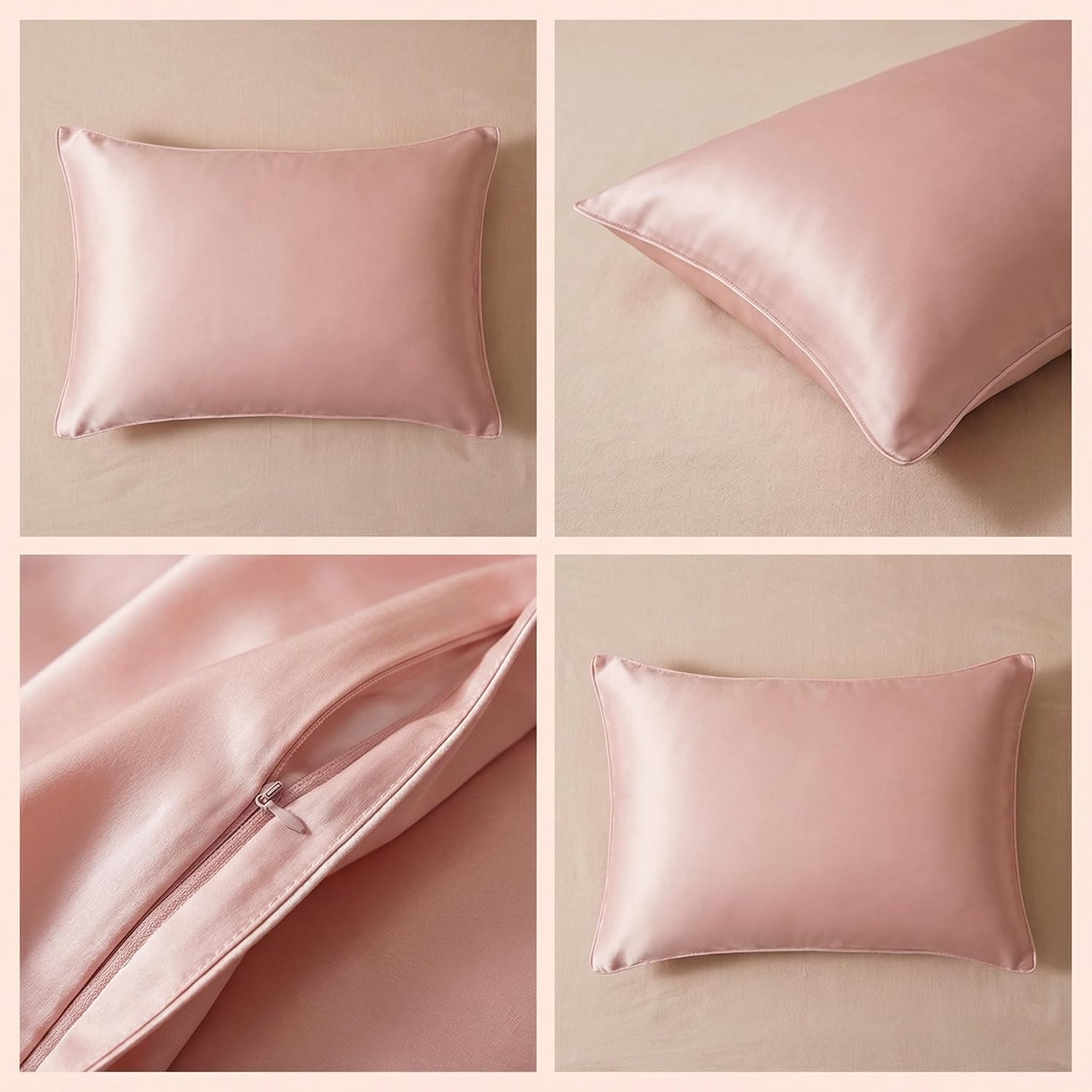 JUWENIN, Luxury Satin Pillowcase with Zipper (Silky Satin Pillow Case for Hair) Set of 2 (Standard, Blush Pink)