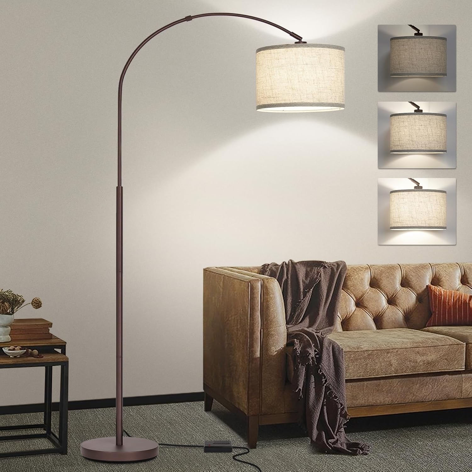 Dimmable Arc Floor Lamp, Floor Lamps for Bedroom, Farmhouse Standing Lamp with Adjustable Hanging Shade, Brown Tall Pole Lamp, Mid…