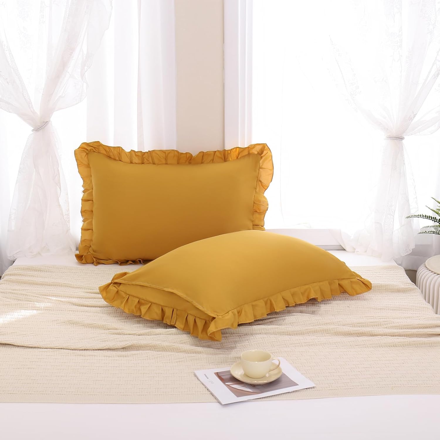 Merryword Mustard Yellow Pillowcases King Pillowcases Set of 2 Ruffle Pillow Shams Cute Pillow Covers Solid Ruffled Fringe Design Yellow Sh…